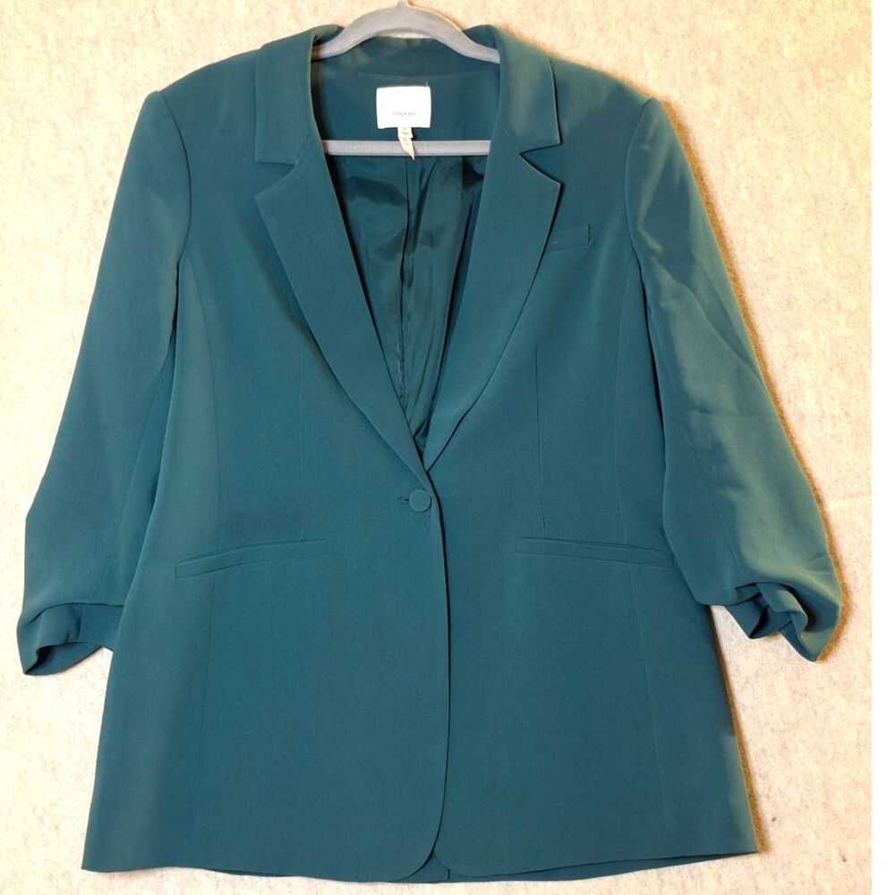 Cinq à Sept Khloe Blazer Women’s 14 Teal Green Ruched Sleeve Lux